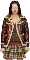 Anna Sui Brown Curly Trim Faux-leather Jacket In Tobacco Multi