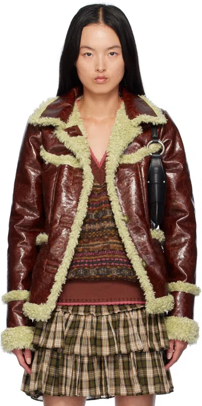 Anna Sui Brown Curly Trim Faux-leather Jacket In Tobacco Multi