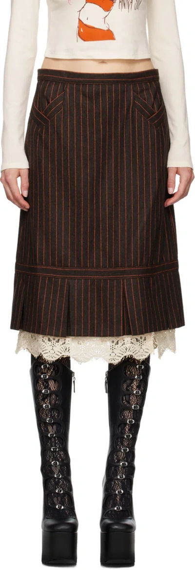 Anna Sui Brown Pinstripe Midi Skirt In Tobacco Multi