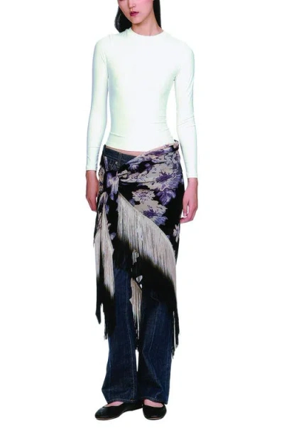 Anna Sui Cabbage Rose Devore Fringe Shawl In Black