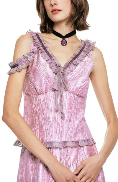 Anna Sui Crushed Satin Bow Top In Pink