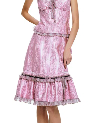 Anna Sui Crushed Satin Ruffle Midi Skirt In Pink