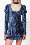 Anna Sui Crushed Velvet Cream Lace Mini Dress In Denim Blue