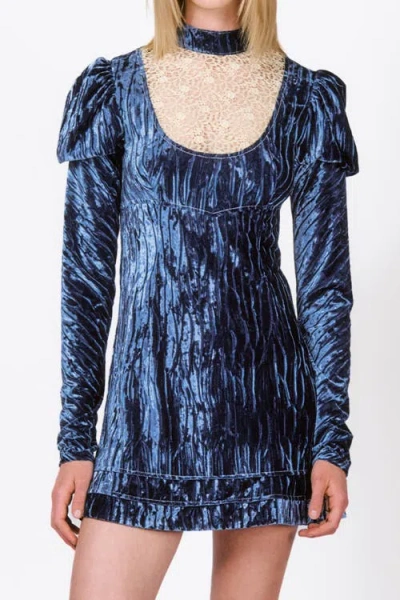 Anna Sui Crushed Velvet Cream Lace Mini Dress In Denim Blue