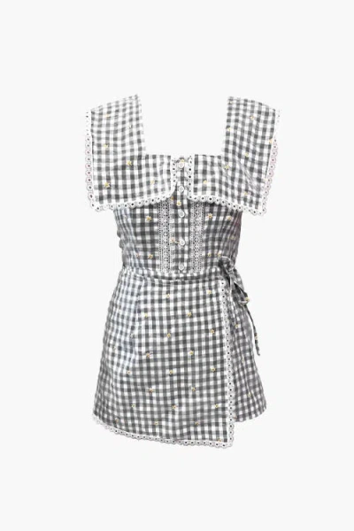 Anna Sui Daisy Embroidery On Gingham Romper In Black