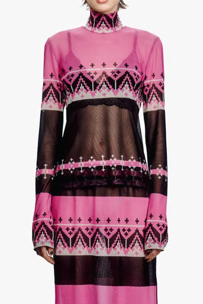 Anna Sui Fair Isle Mesh Turtleneck In Pink