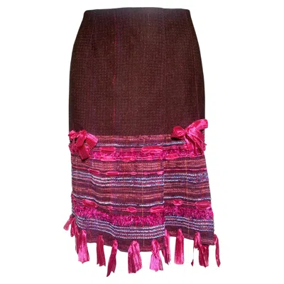 Pre-owned Anna Sui Fall Runway Burgundy Tweed And Ribbon Bow Fringe Skirt, 2004 In Red