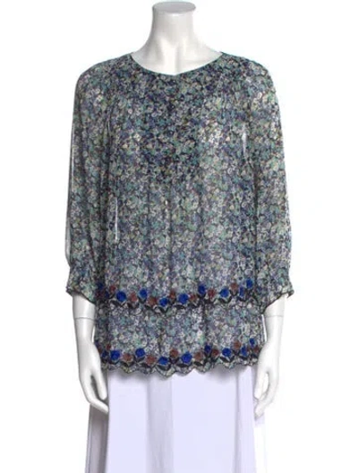Pre-owned Anna Sui Floral Print Bateau Neckline Blouse In Blue