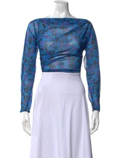 Pre-owned Anna Sui Floral Print Bateau Neckline Top W/ Tags In Blue