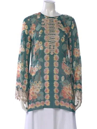 Pre-owned Anna Sui Floral Print Crew Neck Blouse In Blue