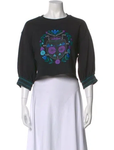 Pre-owned Anna Sui Floral Print Crew Neck Crop Top In Black