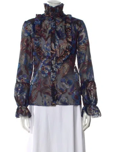 Pre-owned Anna Sui Floral Print Long Sleeve Blouse In Blue