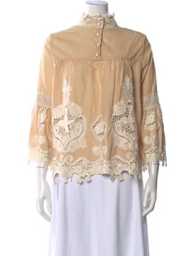 Pre-owned Anna Sui Floral Print Long Sleeve Blouse In Neutrals