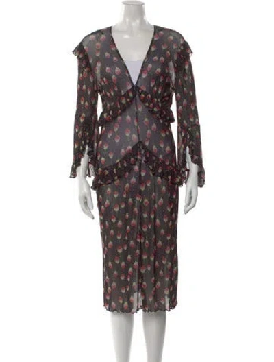 Pre-owned Anna Sui Floral Print Midi Length Dress In Black