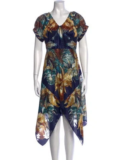 Pre-owned Anna Sui Floral Print Midi Length Dress In Blue/green/yellow