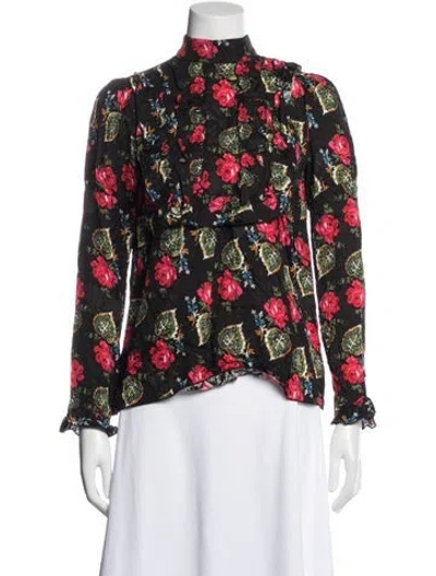 Pre-owned Anna Sui Floral Print Mock Neck Blouse W/ Tags In Black