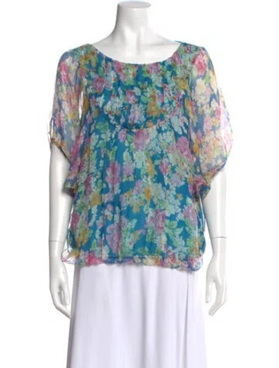 Pre-owned Anna Sui Floral Print Scoop Neck Blouse In Blue