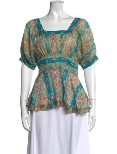 Pre-owned Anna Sui Floral Print Square Neckline Blouse In Green