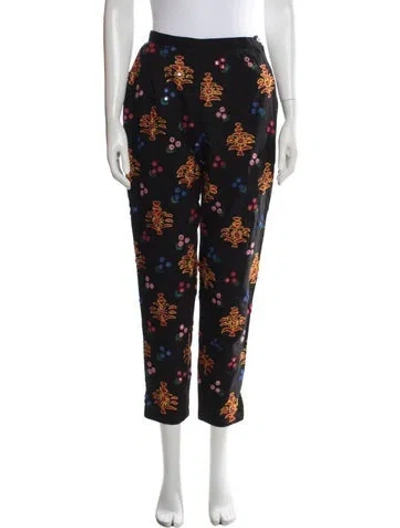 Pre-owned Anna Sui Floral Print Straight Leg Pants In Black