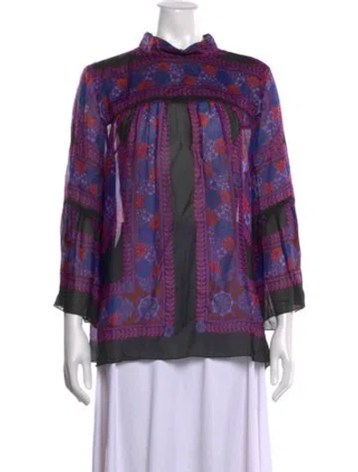 Pre-owned Anna Sui Floral Print Three-quarter Sleeve Blouse In Purple