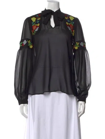 Pre-owned Anna Sui Floral Print Tie Neck Blouse In Black