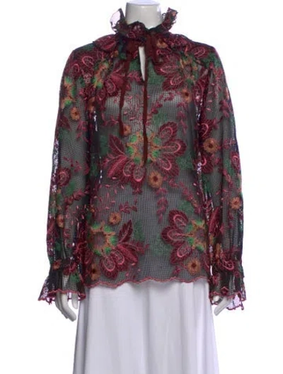 Pre-owned Anna Sui Floral Print Tie Neck Blouse In Black
