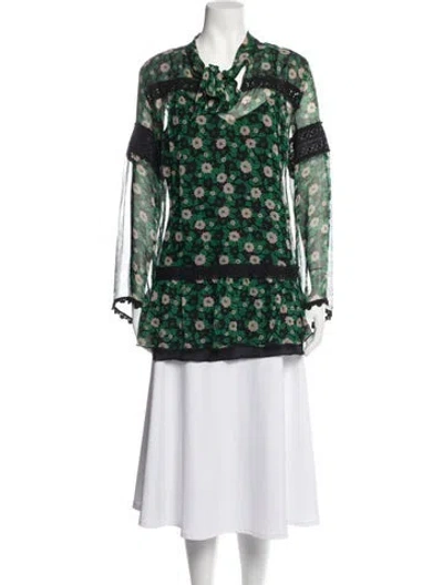 Pre-owned Anna Sui Floral Print Tie Neck Blouse In Green