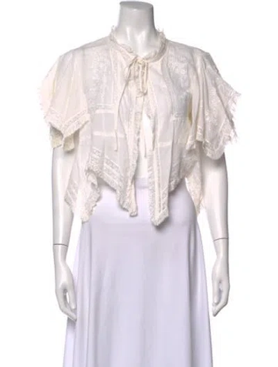 Pre-owned Anna Sui Floral Print Tie Neck Blouse In White