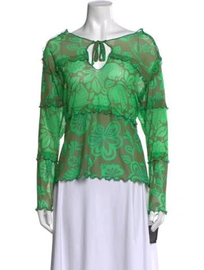 Pre-owned Anna Sui Floral Print V-neck Blouse In Green