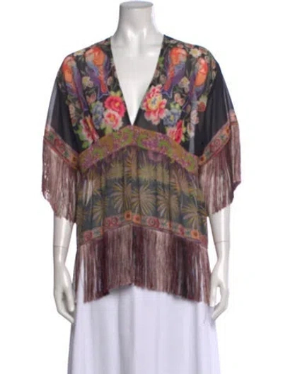Pre-owned Anna Sui Floral Print V-neck Blouse In Multicolor