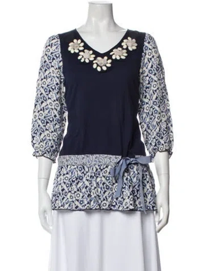 Pre-owned Anna Sui Floral Print V-neck Top In Blue