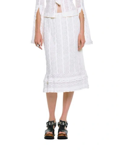 Anna Sui Floral Ruffle Stretch Lace Skirt In White