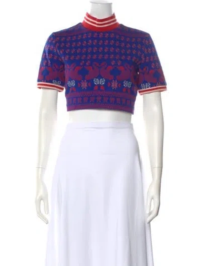 Pre-owned Anna Sui Graphic Print Mock Neck Crop Top In Blue
