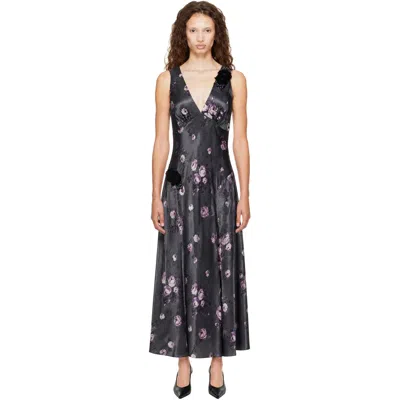 Anna Sui Floral-print Satin Maxi Dress In Gray
