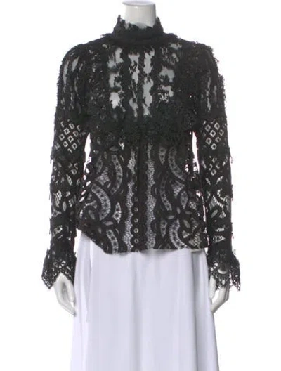 Pre-owned Anna Sui Lace Pattern Mock Neck Blouse In Black