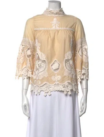 Pre-owned Anna Sui Lace Pattern Mock Neck Blouse In Neutrals