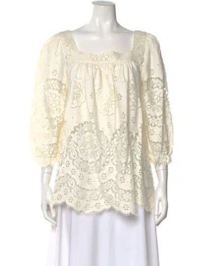 Pre-owned Anna Sui Lace Pattern Square Neckline Blouse In Neutral