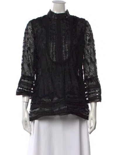 Pre-owned Anna Sui Lace Pattern Three-quarter Sleeve Blouse In Black