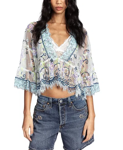Anna Sui Lady Chatterley's Lace V-neck Top In Blue
