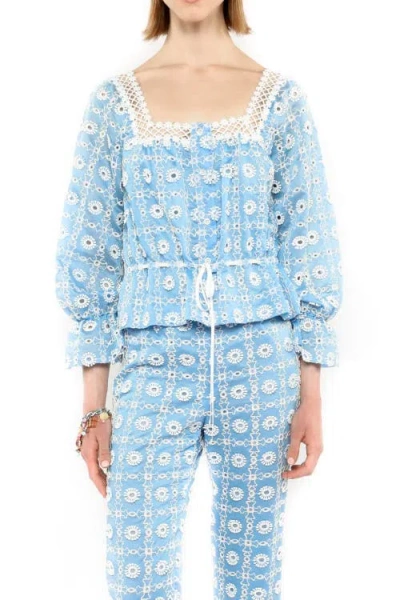 Anna Sui Lattice Lace Embroidery Top In Baby Blue