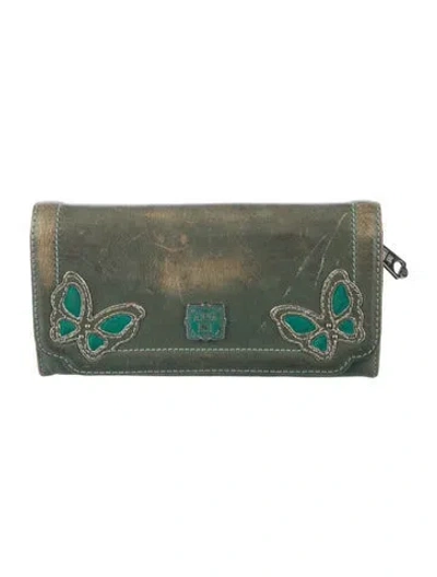 Pre-owned Anna Sui Leather Patterned Continental Wallet In Green