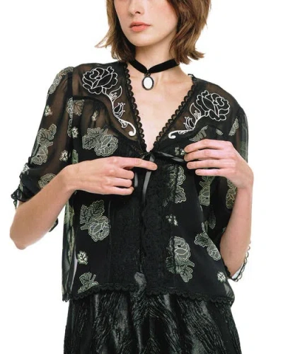 Anna Sui Lily And Roses Chiffon Combo Embroidered Bed Jacket In Black
