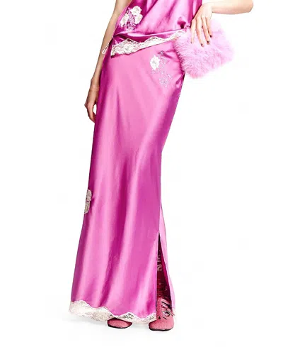 Anna Sui Lace-trimmed Embroidered Satin Midi Skirt In Pink
