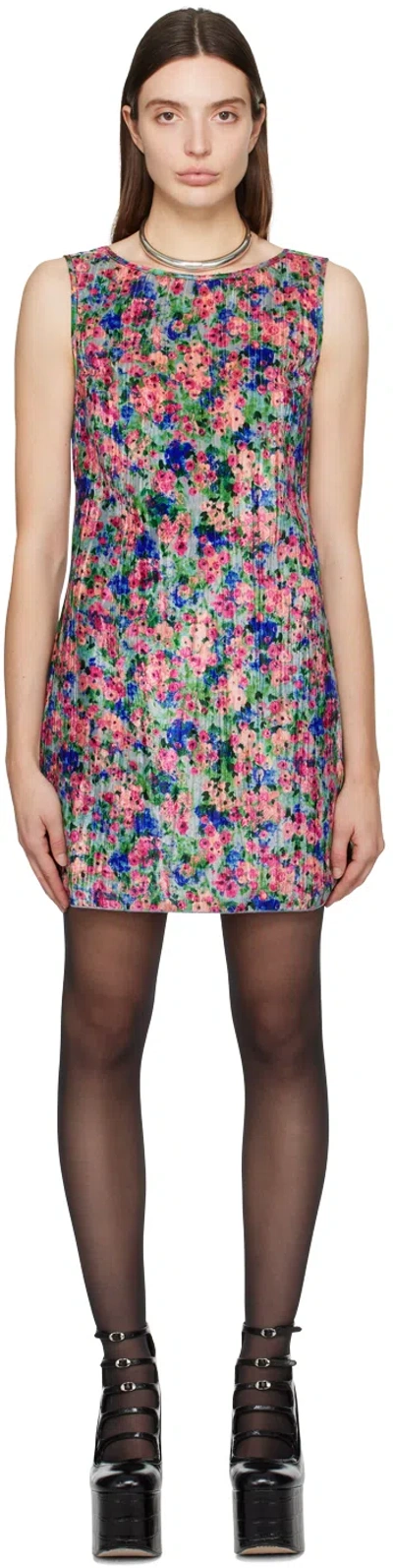 Anna Sui Multicolor Pleated Minidress In Dusty Blue Multi