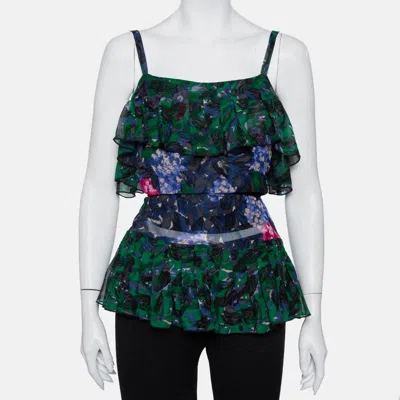 Anna Sui Multicolor Printed Silk Ruffled Sleeveless Top S In Green