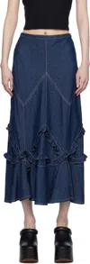 Anna Sui Navy Ruffle Denim Maxi Skirt In Denim