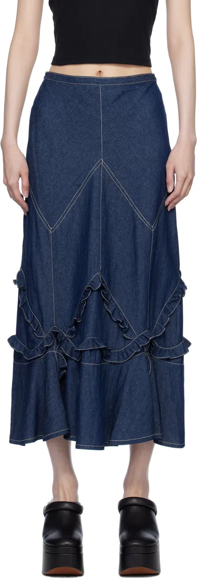 Anna Sui Navy Ruffle Denim Maxi Skirt
