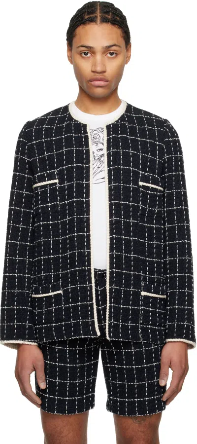 Anna Sui Navy Windowpane Tweed Jacket In Denim