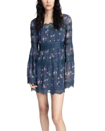 Anna Sui Pleated Floral-print Lace-trimmed Chiffon Mini Dress In Blue