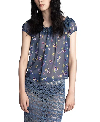 Anna Sui Night Blooming Chiffon Top In Blue